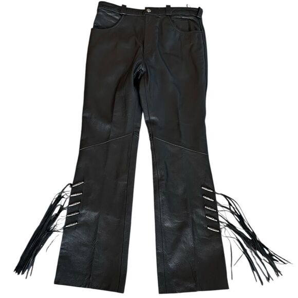 Harley-Davidson Black leather Pants with Fringe Details lined size 8 - Picture 1 of 12